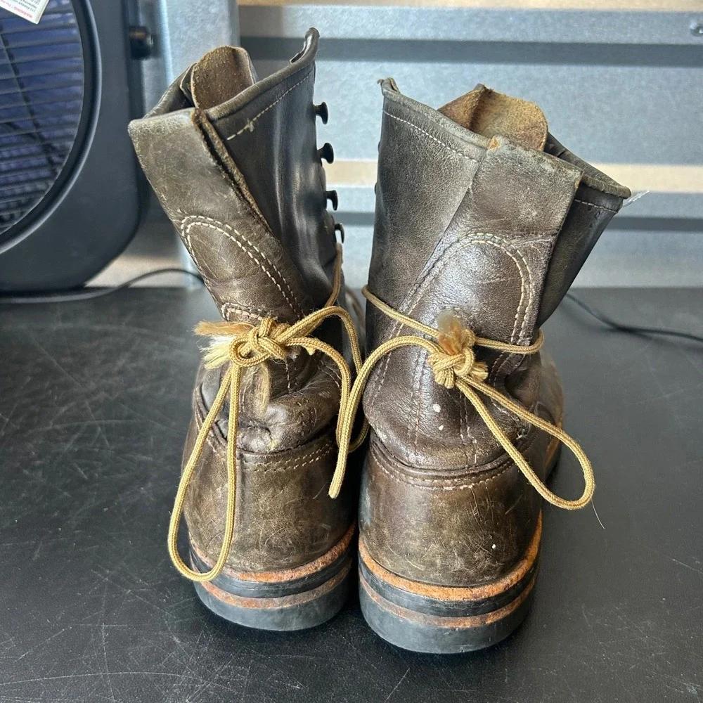 Vintage Brown Leather Logger Work Boots Vibram Montagna Lug Mens 12in Outsole